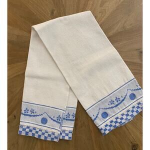 Crisp White Vintage Jacquard Tea Towel Blue Floral Border - Excellent Condition